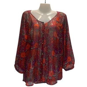 Fred David Women's XL Red Floral Sheer 3/4 sleeves Blouse Dainty Lace‎ Neckline